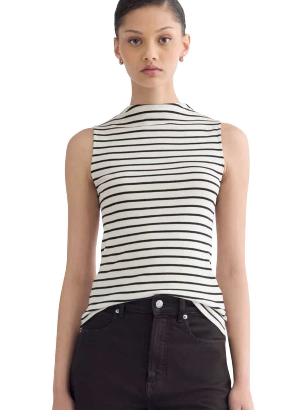 Everlane The Luxe Ribbed Funnel Neck Tank Medium Black/Cream Stripe